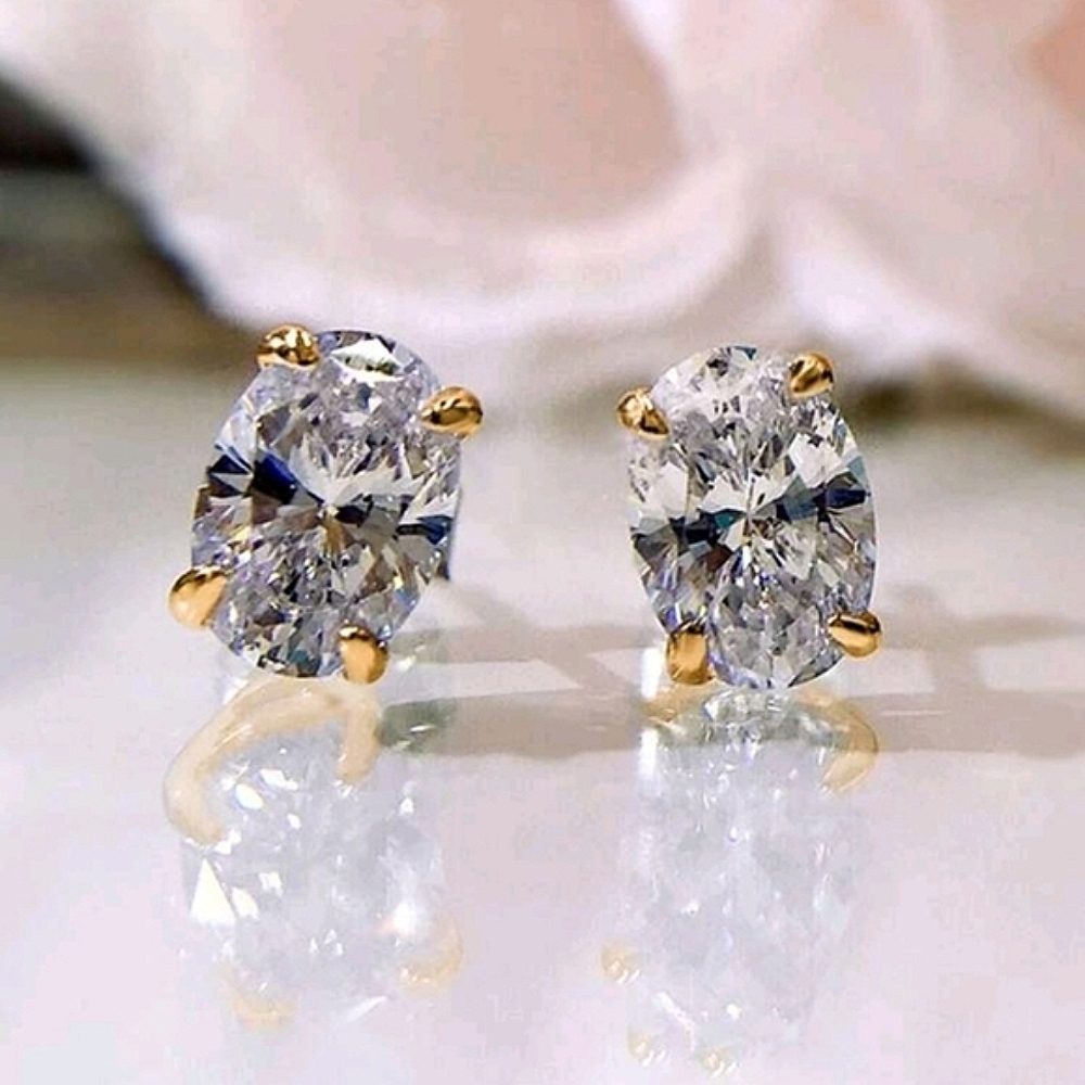 Gold Plated Stud Earrings With A 4C Ttl Weight Oval Simulant CZ Diamond; NWOT